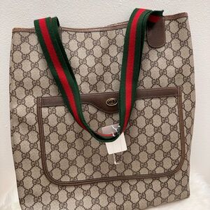 Gucci Monogram Canvas Tote with Green and Red Straps